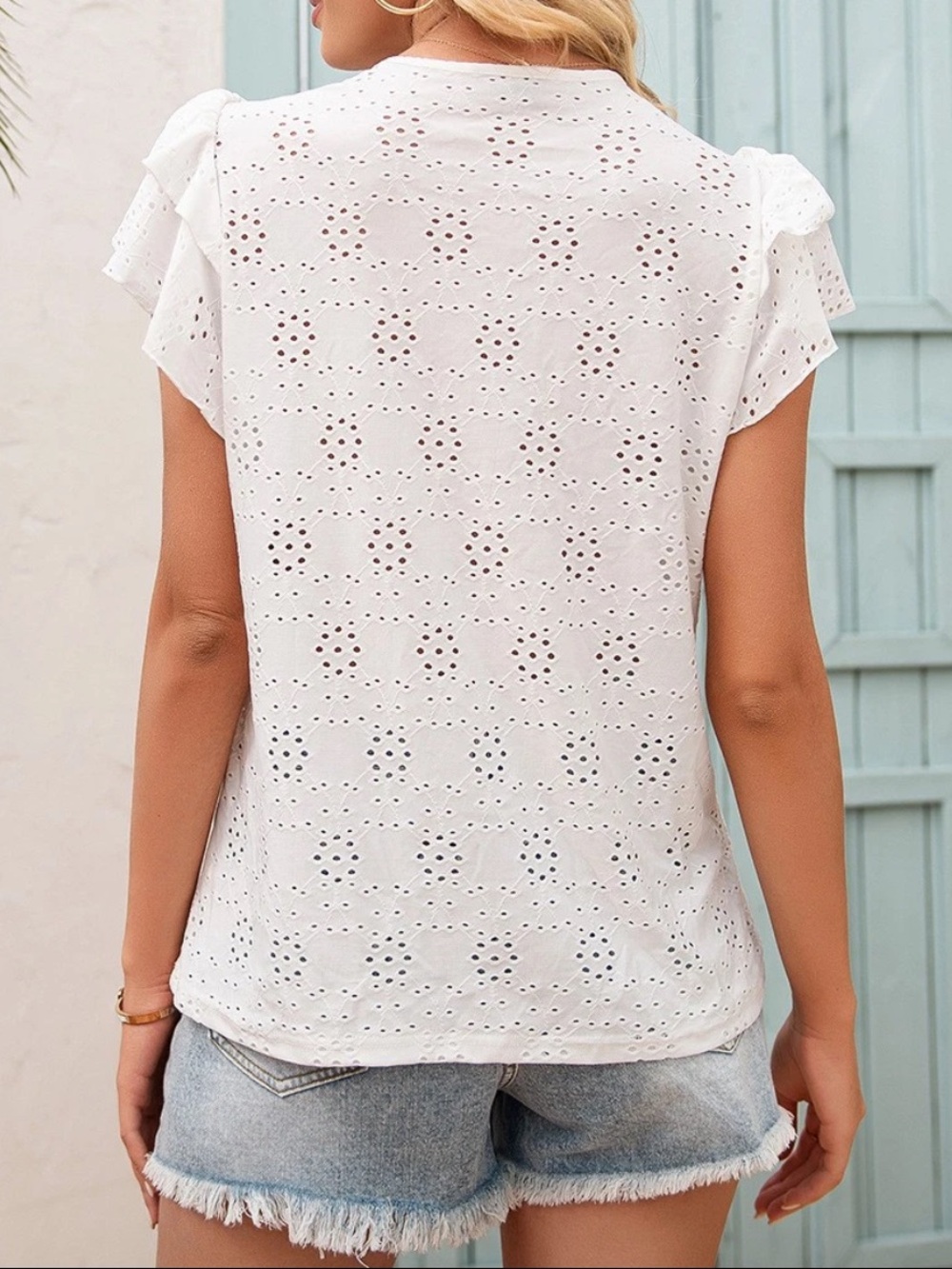 Summer New Fashion Women's Hollow Lace-up Shirt With Lotus Leaf Cap Sleeves - Picture 2 of 8